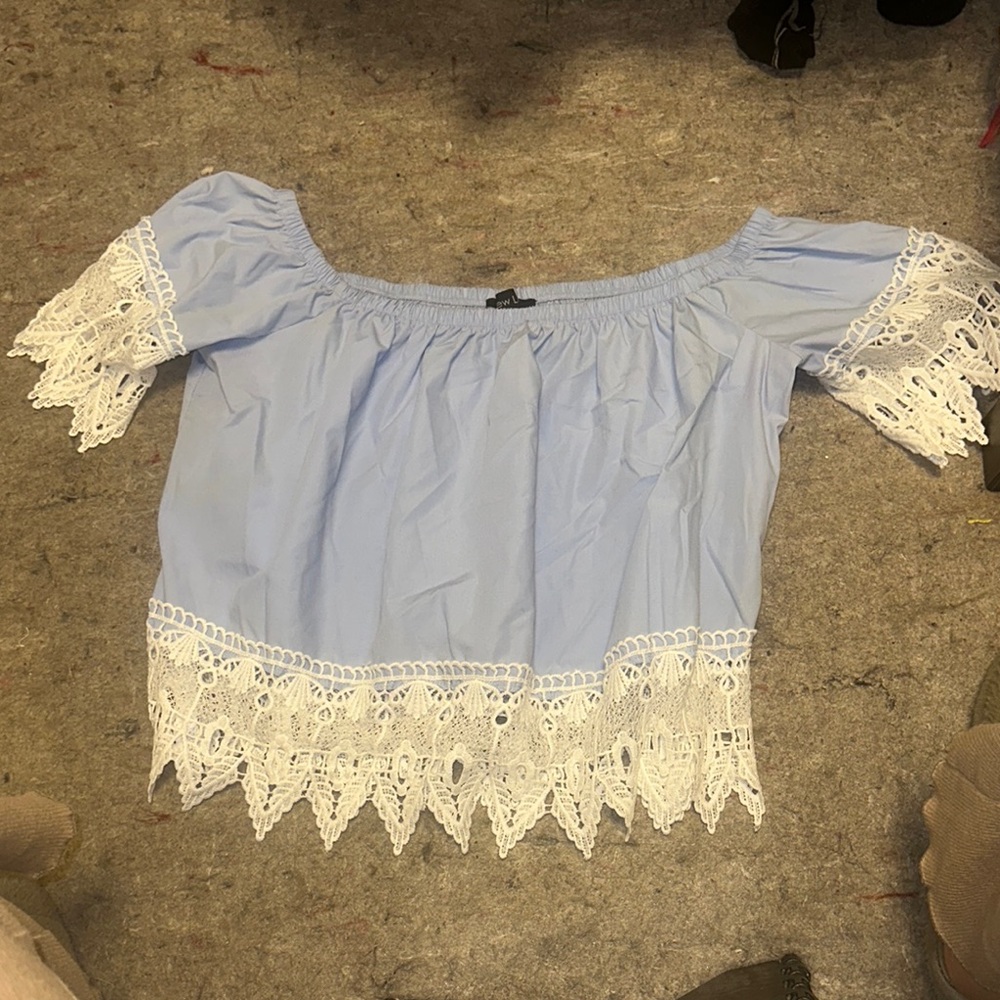 Blue Off-Shoulder Lace Trim Top